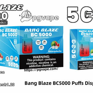 Promotional collage of the Bang Blaze BC5000 disposable vape showing a cyan-to-red gradient device, retail boxes labeled 5000 puffs and Watermelon Ice, brand logos, technical icons (600mAh, Type‑C, mesh coil) and a prominent nicotine warning, with product specs text at the bottom.