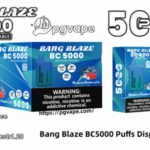 Packaging and product images for the Bang Blaze BC5000 disposable vape showing a blue-green pod device and matching retail boxes labeled BC 5000 and 5000 puffs, flavor Blueberry Raspberry Ice, 600mAh battery and a prominent nicotine warning.