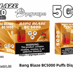 Promotional graphic for the Bang Blaze BC5000 rechargeable disposable vape showing an orange-to-red device and matching boxes labeled Strawberry Kiwi, prominent 