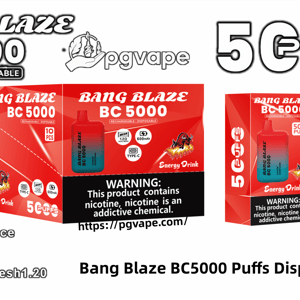 Promotional layout showing the Bang Blaze BC5000 rechargeable disposable vape and its packaging — a red-to-blue pod-shaped device labeled BC5000, multiple box views advertising 5000 puffs and energy drink flavor, icons for 600mAh battery and Type-C charging, and a prominent nicotine warning label.