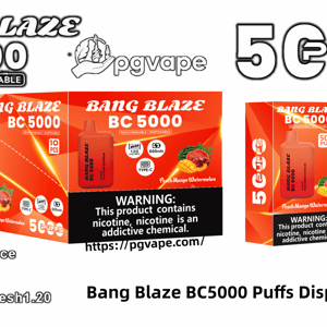 Packaging and product display for an orange Bang Blaze BC5000 rechargeable disposable vape showing the device and boxes with large '5000 puffs' branding, PGVape logo, flavor labeled Peach Mango Watermelon, battery and mesh coil icons, and a nicotine warning label.