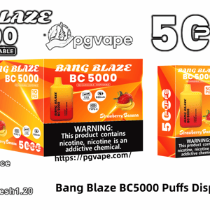 Bright orange-to-yellow Bang Blaze BC5000 disposable vape and product boxes labeled 5000 puffs and Strawberry Banana, showing the rounded rectangular device, Type-C and 600mAh icons, brand logo and a black nicotine warning panel.
