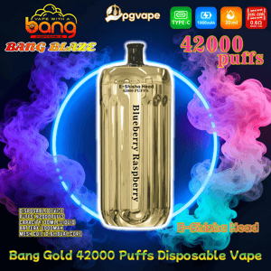 Shiny gold disposable vape device labeled “Blueberry Raspberry” centered inside a neon circle with swirling purple, pink and teal vapor and surrounding logos and text advertising Bang Gold 42000 puffs, E‑Shisha Head, Type‑C, 1000mAh battery, 30ml liquid and mesh coil.