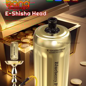 Advertisement showing a gold, can-shaped E-Shisha disposable vape labeled 