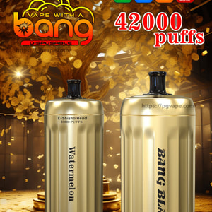 Advertisement poster showing two gold cylindrical Bang Blaze disposable vape devices—one labeled Watermelon—set before a glowing golden tree and scattered coins, with prominent text reading 42000 puffs and icons indicating Type‑C, 1000mAh, 30ml and 0.6Ω mesh coil.