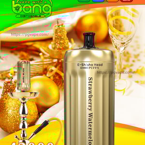 Advertisement for Bang Blaze disposable 'E-Shisha Head' showing a shiny gold cylindrical vape labeled Strawberry Watermelon beside a small hookah, champagne glass and gold decorations, with text declaring 42,000 puffs and icons for Type-C, 1000 mAh, 30 ml and 0.6Ω mesh coil.