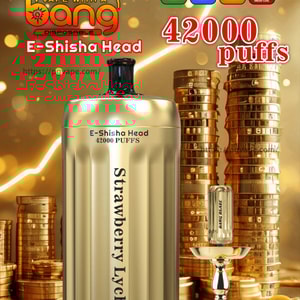 Golden Bang Blaze disposable E‑Shisha Head vape labeled “Strawberry Lychee” with prominent “42000 puffs” text, Type‑C/1000mAh/30ml/0.6Ω icons, set against stacks of gold coins and a small golden hookah for decorative context.