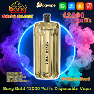 Shiny gold disposable vape device labeled “Mixed Fruit” centered inside a neon blue ring with swirling purple, pink and teal smoke, surrounded by branding and the large text “42000 puffs” plus icons for Type‑C, 1000mAh battery and 30ml capacity.