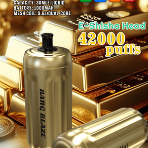 Two cylindrical gold Bang Blaze disposable e‑shisha devices with black mouthpieces displayed on stacked gold bars and coins, with bold text and icons advertising E‑Shisha Head 42,000 puffs, Type‑C, 1000 mAh battery, 30 ml capacity and 0.6Ω mesh dual‑core, one device labeled Mint.