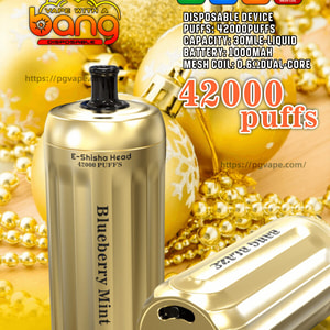 Promotional poster of a gold Bang Blaze E-Shisha Head disposable vape labeled Blueberry Mint, shown as two devices among gold holiday ornaments and beads with large text advertising 42,000 puffs and specifications (30ml liquid, 1000mAh battery, Type‑C charging, 0.6Ω mesh coil).
