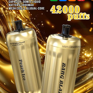 Promotional poster showing two gold cylindrical disposable vape devices with black mouthpieces—one labeled Bang Blaze and the other Peach Ice—set against a swirling metallic gold background, large text reading 42000 puffs, and product specs and icons noting Type‑C, 1000mAh battery, 30ml capacity and 0.6Ω mesh coil with a small 'Vape with a bang' logo.