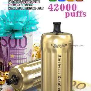 Promotional poster showing two gold E‑Shisha Head disposable vape devices—one upright labeled Blueberry Raspberry and '42000 puffs'—with a bold 'BANG BLAZE' logo, specification icons (Type‑C, 1000mAh, 30ml), and Euro banknotes topped by a teal gift bow in the background.