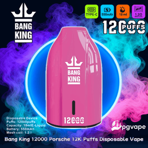 Appareil de vape jetable Bang King rose vif centré sur de la fumée bleu néon et rose, affichant un grand texte " 12 000 bouffées " et des icônes pour le chargement de type C, une batterie de 550 mAh, 18 ml d'e-liquide et une bobine de maille de 1,2 Ω, avec la marque Bang King et pgvape.