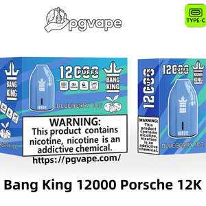 Blue teardrop-shaped Bang King disposable vape and matching boxes labeled Blueberry Ice showing 12,000 puffs, icons for Type‑C charging, 550 mAh battery, 18 ml e-liquid and 1.2 Ω mesh coil, plus a prominent nicotine warning and the pgvape.com URL.