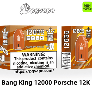 Orange-brown product display showing Bang King branded boxed packaging and a matching pod-shaped disposable vape device marked 12,000 puffs and Cherry Cola flavor, with icons for Type-C, 550mAh battery, 18ml e-liquid and 1.2Ω mesh coil, the PGVape logo and a prominent nicotine warning label.