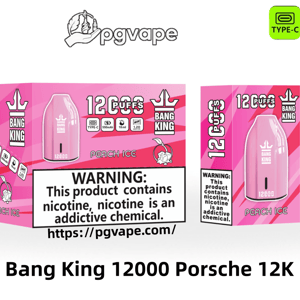 Pink Bang King 'Porsche' disposable vape and its packaging labeled 12,000 puffs (Peach Ice), showing Type-C, 550mAh battery, 18ml e-liquid icons and a prominent nicotine warning.