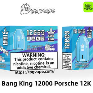 Light-blue Bang King 12000 'Porsche' disposable vape and matching Blueberry Raspberry packaging showing '12K puffs', icons for Type‑C, 550mAh battery, 18ml e-liquid and 1.2Ω mesh coil, and a prominent nicotine-addiction warning label.