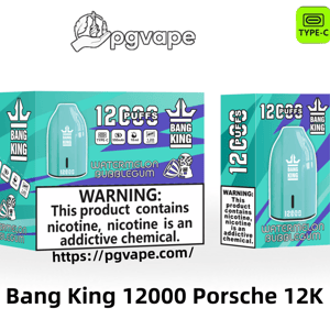 Product packaging and turquoise disposable Bang King 'Porsche' vape device prominently labeled 12,000 puffs with watermelon bubblegum flavor, icons for Type‑C charging, 550mAh battery, 18ml e‑liquid and 1.2Ω mesh coil, and a large nicotine warning label.