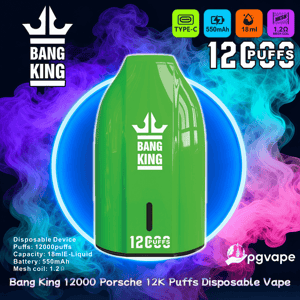 Green Bang King disposable vape device centered over a neon blue circular halo with purple and pink smoke, showing the Bang King logo and '12K PUFFS' label and icons for Type-C charging, 550mAh battery, 18ml capacity and 1.2Ω mesh coil, with product name text at the bottom.