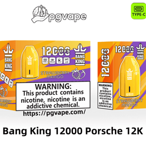 Bright yellow Bang King 'Strawberry Mango' disposable vape and matching orange-purple box showing a 12,000 puffs claim, Type‑C charging, 550mAh battery, 18ml e-liquid capacity, 1.2Ω mesh coil, brand logo and nicotine warning.