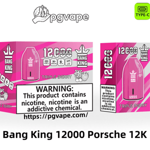 Packaging and pink disposable Bang King “Porsche” vape device labeled 12,000 puffs, showing the box and device with “Triple Berry” flavor, a prominent nicotine warning label, and icons indicating Type-C charging, 550mAh battery, 18ml e-liquid capacity, and 1.2Ω mesh coil.