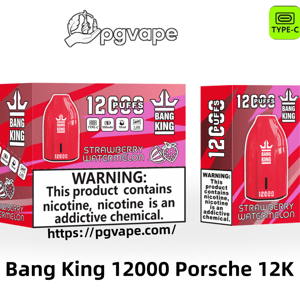 Red Bang King 'Porsche' disposable vape and matching retail box labeled 12,000 puffs and Strawberry Watermelon, showing Type‑C, 550mAh, 18ml and 1.2Ω mesh coil icons and a large nicotine addiction warning.