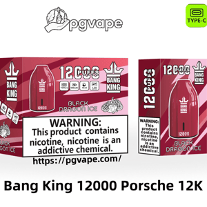 Packaging and product shot of the red Bang King 12000 'Black Dragon Ice' disposable vape shaped like a small Porsche, featuring 12,000 puffs branding, a prominent nicotine addiction warning, and icons noting Type‑C charging, 550 mAh battery, 18 ml e‑liquid capacity and 1.2 Ω mesh coil.