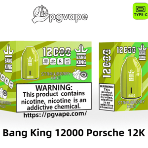 Green Bang King disposable vape and matching retail boxes displaying '12000 puffs' branding and strawberry‑kiwi flavor artwork, battery and capacity icons (Type‑C, 550 mAh, 18 ml, 1.2 Ω mesh coil) and a prominent nicotine warning label.