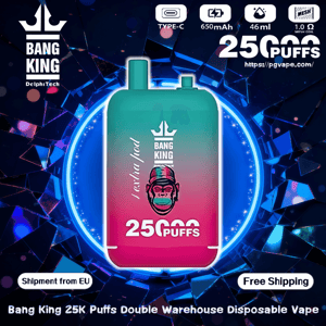 Advertisement showing a centrally placed Bang King DelphiTech disposable vape in a teal-to-pink gradient labeled 25,000 puffs, with icons for Type-C charging, 650mAh battery, 46ml e-liquid and 1.0Ω mesh coil, plus 'Shipment from EU' and 'Free Shipping' tags against a shattered neon-blue circular background.