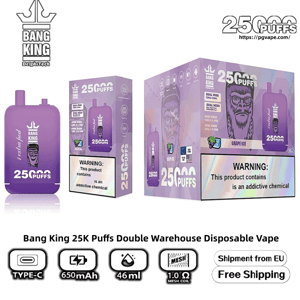 Purple Bang King disposable vape device and matching retail boxes labeled “25,000 puffs” and “Grape Ice,” featuring brand logos, a prominent warning that the product contains an addictive chemical, and icons indicating Type‑C charging, 650mAh battery, 46ml capacity, and 1.0Ω mesh coil.