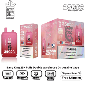 Pink Bang King disposable vape and matching retail boxes labeled 25,000 puffs (Watermelon Ice), showing the device and packaging with brand logo and icons indicating Type-C charging, 650mAh battery, 46ml e-liquid, 1.0Ω mesh coil, and free EU shipping.