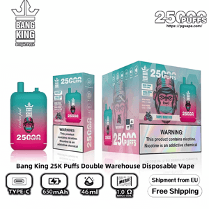 Packshot of Bang King disposable vape showing a teal-to-pink gradient device and two matching boxes with a gorilla-face logo, prominent '25,000 puffs' text, nicotine warning label, and icons for Type-C, 650 mAh, 46 ml and 1.0 Ω mesh coil plus 'Free Shipping' and 'Shipment from EU' badges.