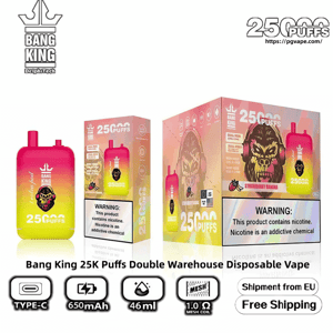 Gradient pink-to-yellow Bang King 25K Puffs disposable vape and matching retail boxes displaying a snarling gorilla logo, '25,000 puffs' text and nicotine warning labels, with icons indicating Type-C charging, 650mAh, 46ml capacity, 1.0Ω mesh coil, and free shipping.