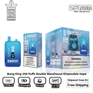 Advertisement-style image showing Bang King 25K Puffs disposable vape in blue 'Blue Razz Ice' packaging, featuring a blue device and boxes emblazoned with a stylized monkey wearing sunglasses, prominent '25,000 puffs' branding, a nicotine warning label, and icons for Type‑C charging, 650mAh, 46ml capacity, 1.0Ω mesh coil, EU shipment and free shipping.