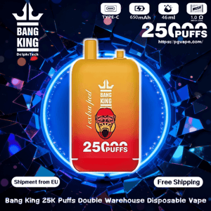 Front view of a yellow-to-red Bang King disposable vape with a crowned gorilla logo and large '25000 puffs' text, set against a blue shattered-glass neon ring background with icons for Type-C, 650mAh, 46ml and 1.0Ω mesh coil and badges reading 'Shipment from EU' and 'Free Shipping'.