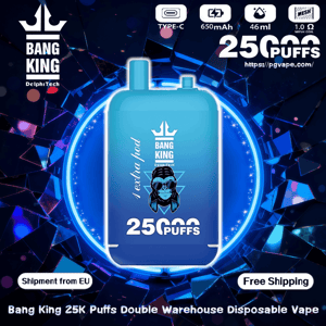Promotional image of a blue Bang King disposable vape device with crown logo centered on a shattered neon-blue background, marked 25,000 puffs and showing icons for Type-C charging, 650 mAh battery, 46 ml e-liquid and 1.0 Ω mesh coil, with banners noting Shipment from EU and Free Shipping.
