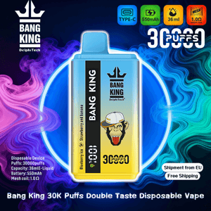 Vibrant ad showing a blue-to-yellow Bang King disposable vape device with a cartoon monkey logo and Bang King branding centered on a swirling purple and teal background, with icons and text noting 30,000 puffs, Type‑C, 550mAh battery, 36 ml e-liquid, 1.0 Ω mesh coil, strawberry and banana flavor, and 'Shipment from EU Free Shipping'.