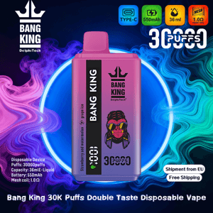 Centered on a swirling neon blue and purple smoke background, a pink-to-purple gradient Bang King disposable vape device displays the Bang King and DelphiTech logos, icons for Type-C, 550mAh battery, 36 mL e-liquid, 1.0Ω mesh coil and "30,000 puffs," with small product information and free-shipping labels.