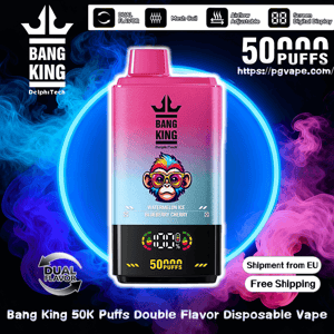 Pink-to-teal gradient Bang King disposable vape with crown logo and digital screen indicating 50,000 puffs, labeled Watermelon Ice / Blueberry Cherry, dual-flavor icons and swirling neon blue and purple smoke backdrop advertising free EU shipping