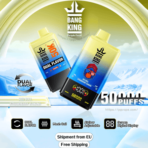 Two yellow-to-blue Bang King disposable vape devices against an icy mountain background, labeled Dual Flavor Red Bull Strawberry Banana with a digital display showing 50,000 puffs and icons for mesh coil, adjustable airflow and dual flavor.