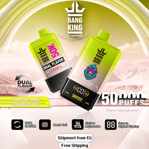 Two lime-green Bang King disposable vape devices floating over a stylized mountain background, promoting dual-flavor Strawberry Mango/Strawberry Kiwi and 50,000 puffs, featuring a colorful gorilla logo, digital puff counter, dual-flavor badge and icons for mesh coil, adjustable airflow and screen display, plus a 'Shipment from EU – Free Shipping' banner.