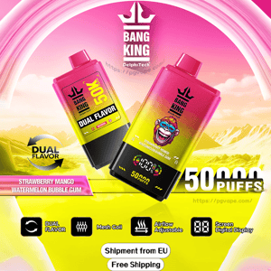 Two pink-to-yellow gradient Bang King disposable vape devices labeled Dual Flavor (Strawberry Mango and Watermelon Bubble Gum) shown against a bright pink-yellow mountainous background with a prominent 