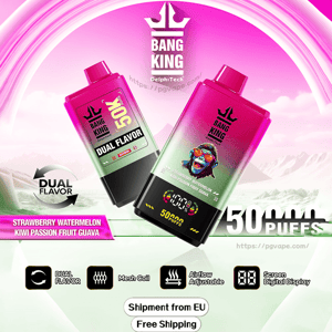 Two pink-to-green gradient Bang King disposable vape devices with crown logo float against a stylized pink sky, labeled Dual Flavor and listing flavors Strawberry Watermelon and Kiwi Passion Fruit Guava, with a digital puff-count display, icons for mesh coil and adjustable airflow, and promotional text advertising 50,000 puffs and free EU shipping.
