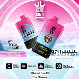 Two pink-to-blue gradient Bang King disposable vapes, one with a colorful monkey logo and digital display reading 50000 puffs, advertising dual flavors Watermelon Ice and Blueberry Cherry against an icy mountain background with a pink halo.