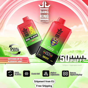 Two red-to-green gradient Bang King disposable vape devices shown at an angle, featuring a digital screen reading 50,000 puffs and labeled Dual Flavor (Watermelon Ice / Blueberry Mint), with icons for mesh coil, adjustable airflow and screen display and a 'Shipment from EU Free Shipping' note.