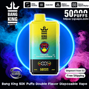 Bright yellow-to-teal Bang King disposable vape device with crown logo and digital puff display advertising 50,000 puffs, set against a neon blue circle with swirling blue and pink vapor and icons noting dual flavor, mesh coil, adjustable airflow and free EU shipping.
