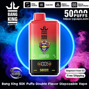 Red-to-green gradient disposable vape labeled BANG KING with a colorful monkey logo, digital screen and '50K puffs' text, flavor 'Watermelon Ice Blueberry Mint', set against neon blue circular background with blue and pink vapor and icons for dual flavor, mesh coil, adjustable airflow and free EU shipping.