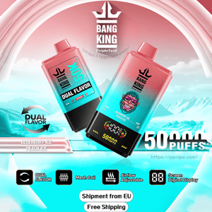 Two gradient pink-to-teal Bang King disposable vape devices with crown logo and colorful monkey graphic floating above an icy mountain background, advertising dual flavors (blueberry ice and peach ice), a digital display showing 50,000 puffs, and icons for mesh coil, adjustable airflow and free EU shipping.