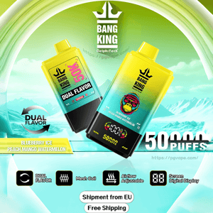 Two bright yellow-green Bang King DelphiTech disposable vape devices with a colorful gorilla logo and dual-flavor labeling (Blueberry Ice; Peach Mango Watermelon), digital puff-count display and icons for dual flavor, mesh coil and adjustable airflow set against an icy turquoise background with 'Shipment from EU' and 'Free Shipping' text.