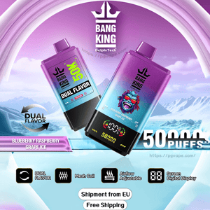 Purple-to-teal Bang King disposable vape devices shown against an icy mountain backdrop, labeled Dual Flavor and 5000 Puffs for Blueberry Raspberry Grape Ice, featuring a digital screen and icons for mesh coil, adjustable airflow, EU shipment and free shipping.